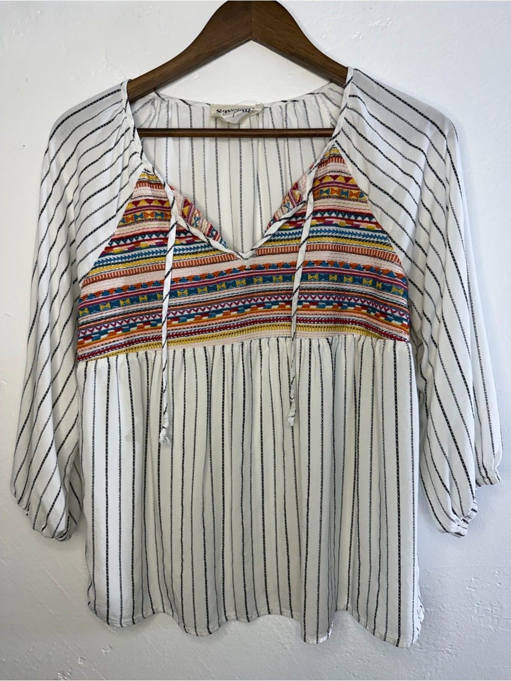 Savanna Jane boho Striped Tunic with Multicolor Embroidered Yoke  sz lg